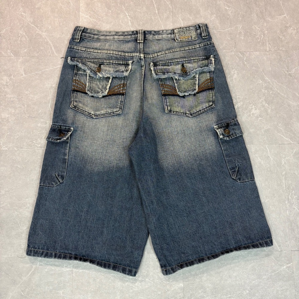 Von Dutch Mens Baggy Denim Cargo Shorts Blue Faded Y2K Streetwear 34W